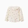 Long sleeve cotton blouse with embroidered flowers for girls, white