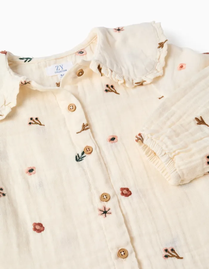 Long sleeve cotton blouse with embroidered flowers for girls, white
