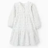 Cotton Dress with Check and Flowers for Girls 'B&S', White