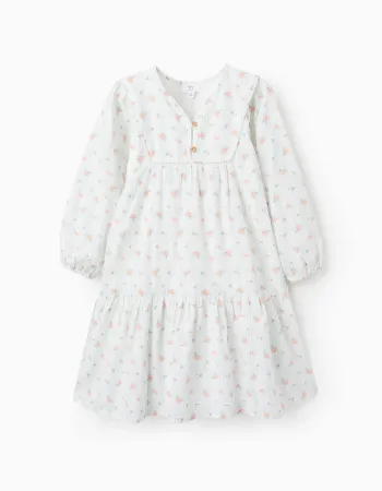 Cotton Dress with Check and Flowers for Girls 'B&S', White