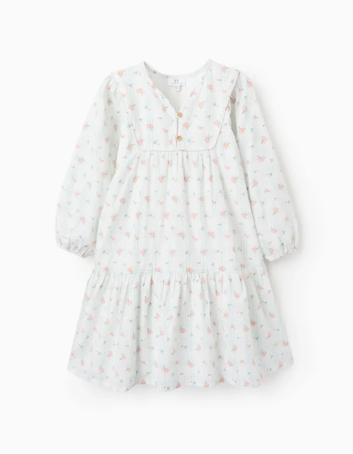 Cotton Dress with Check and Flowers for Girls 'B&S', White