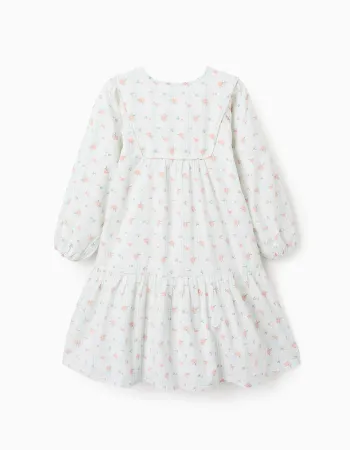 Cotton Dress with Check and Flowers for Girls 'B&S', White