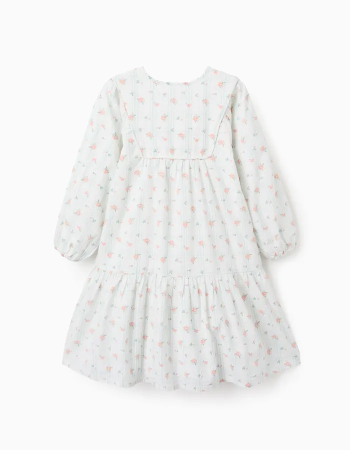 Cotton Dress with Check and Flowers for Girls 'B&S', White