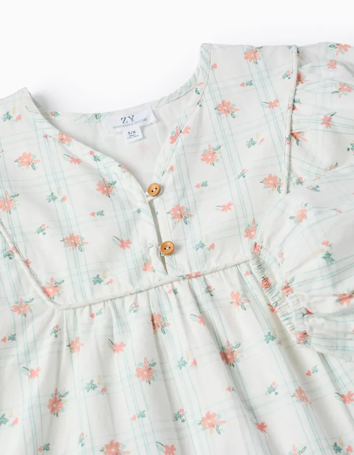 Cotton Dress with Check and Flowers for Girls 'B&S', White