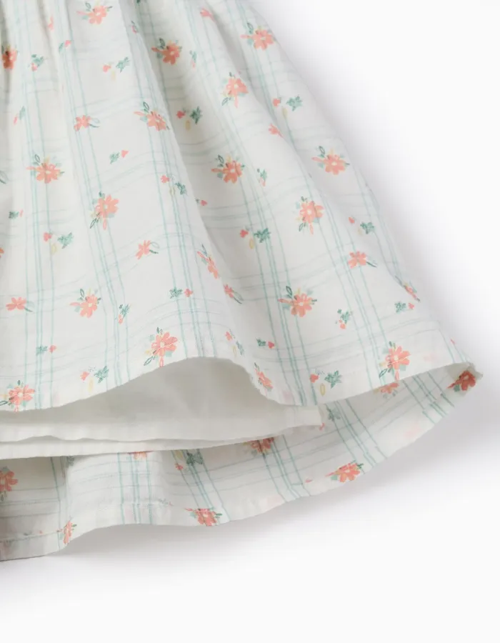 Cotton Dress with Check and Flowers for Girls 'B&S', White