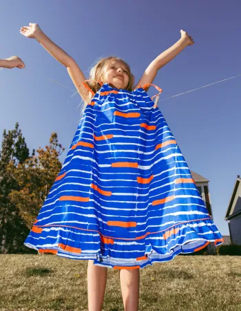Cotton A-line Dress with Pattern for Girls 'You&Me', Blue/Coral