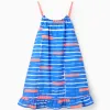 Cotton A-line Dress with Pattern for Girls 'You&Me', Blue/Coral