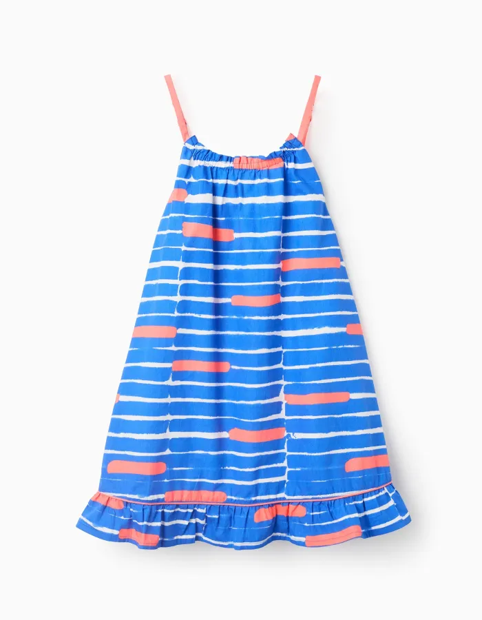 Cotton A-line Dress with Pattern for Girls 'You&Me', Blue/Coral