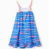 Cotton A-line Dress with Pattern for Girls 'You&Me', Blue/Coral