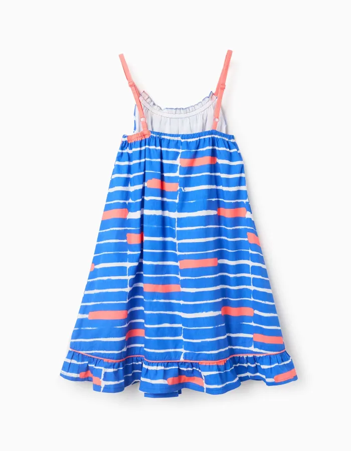 Cotton A-line Dress with Pattern for Girls 'You&Me', Blue/Coral