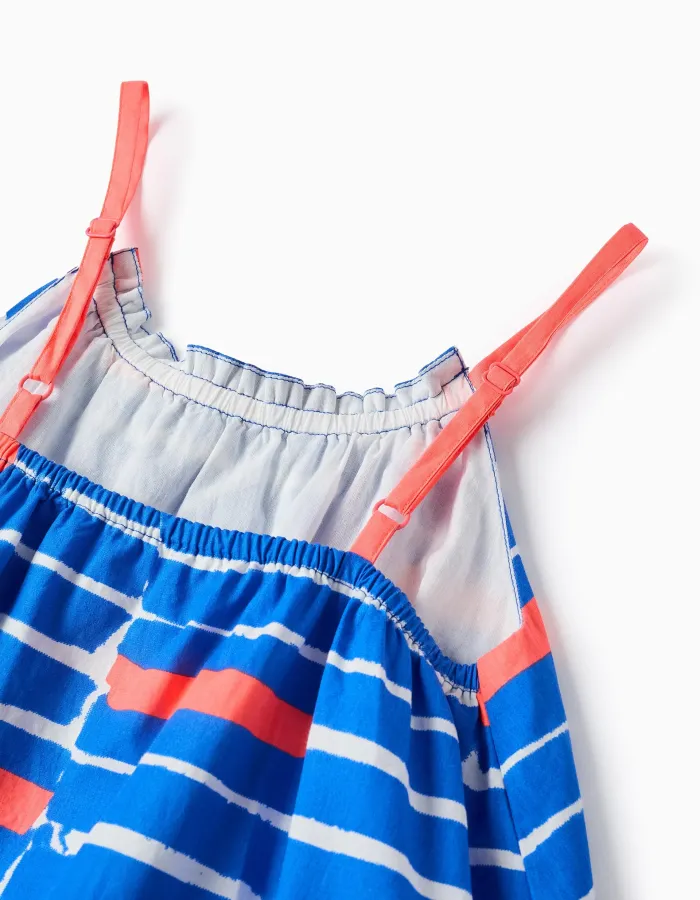 Cotton A-line Dress with Pattern for Girls 'You&Me', Blue/Coral