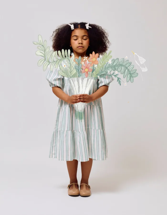 Striped Cotton Dress for Girls 'B&S', Green/White/Orange