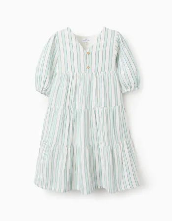 Striped Cotton Dress for Girls 'B&S', Green/White/Orange