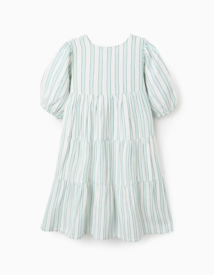 Striped Cotton Dress for Girls 'B&S', Green/White/Orange