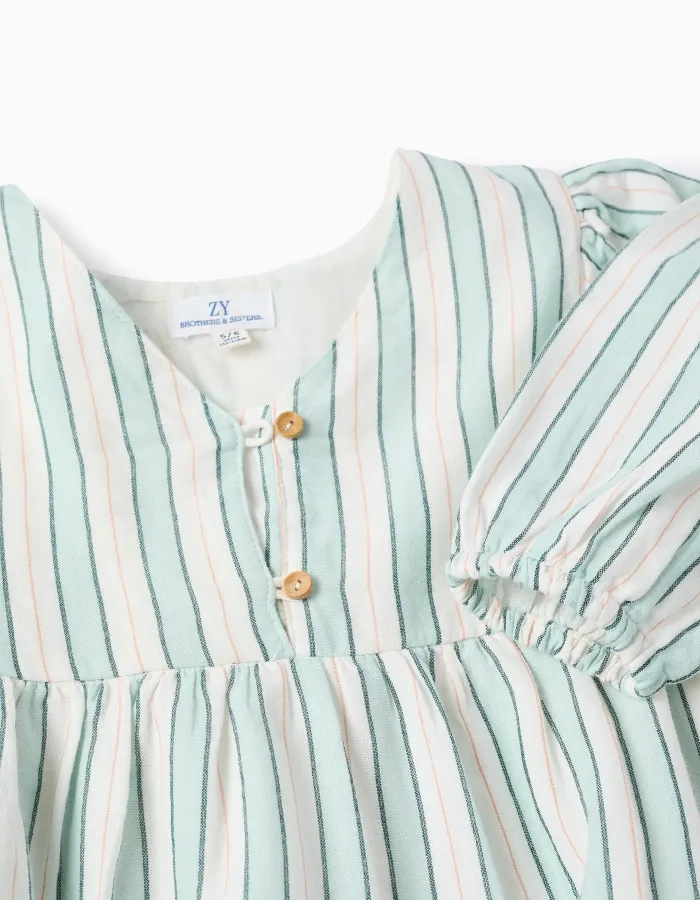 Striped Cotton Dress for Girls 'B&S', Green/White/Orange