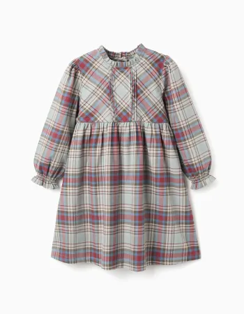 Cotton dress with ruffles and check 'B&S' for girls, multicolour
