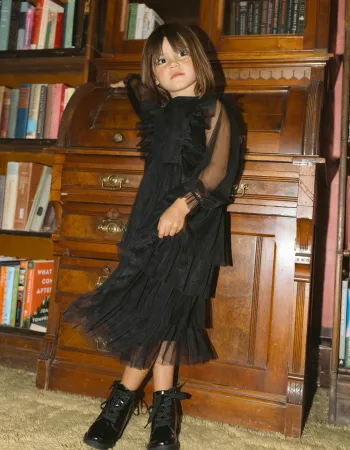 Layered tulle dress with ruffles for girls, black