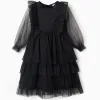 Layered tulle dress with ruffles for girls, black