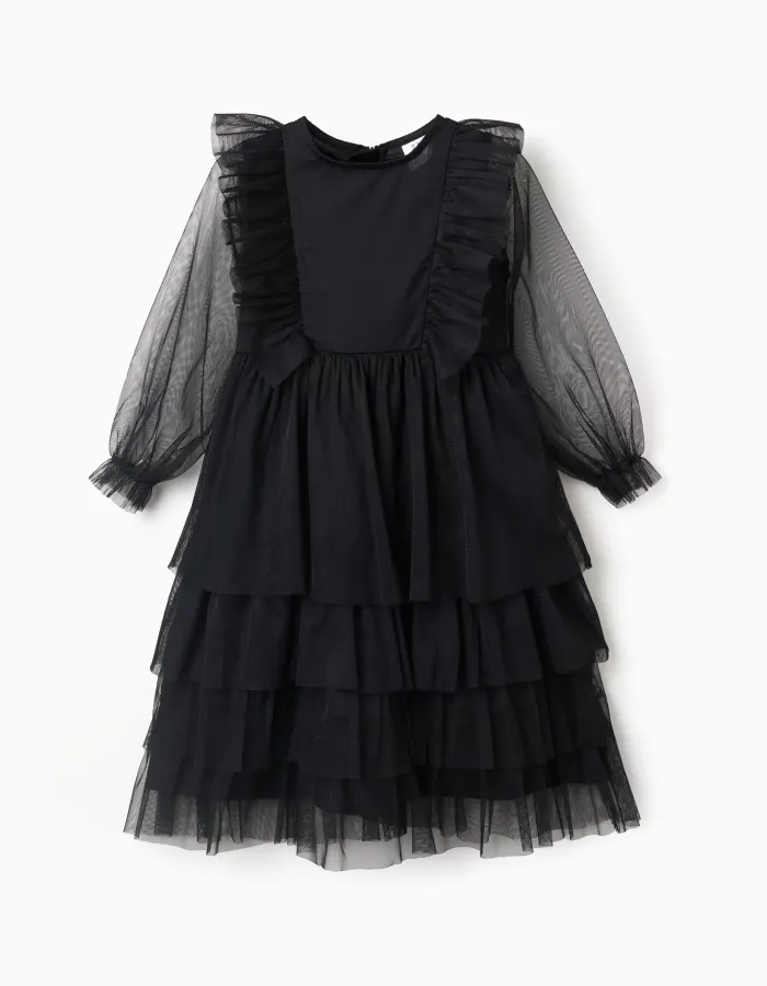 Layered tulle dress with ruffles for girls, black