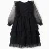 Layered tulle dress with ruffles for girls, black