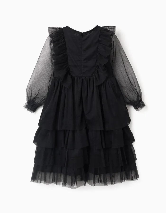 Layered tulle dress with ruffles for girls, black