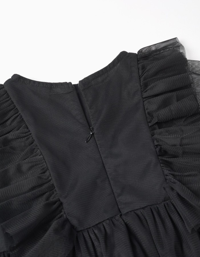 Layered tulle dress with ruffles for girls, black