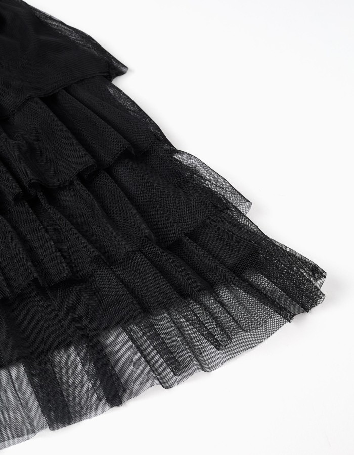 Layered tulle dress with ruffles for girls, black