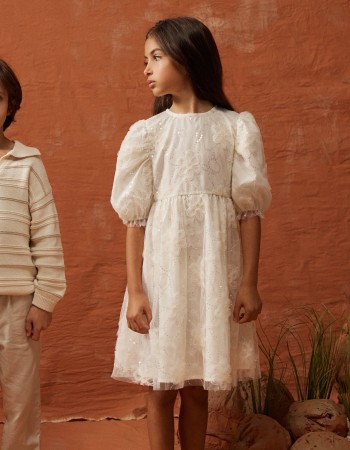 Dress with balloon sleeves and 3D flowers for girls, white