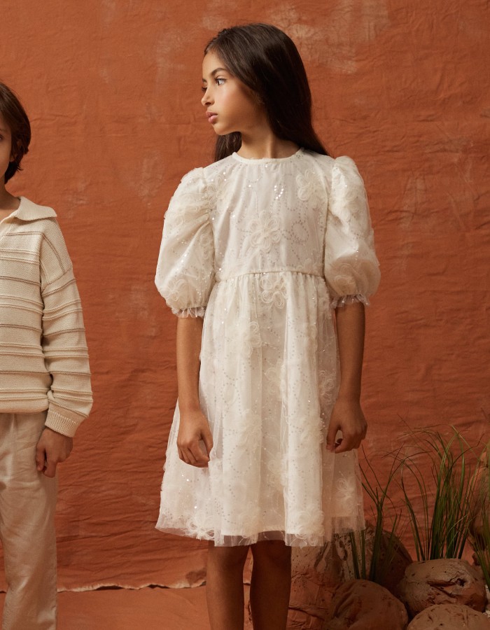 Dress with balloon sleeves and 3D flowers for girls, white