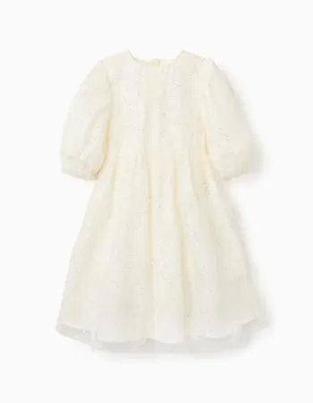 Dress with balloon sleeves and 3D flowers for girls, white