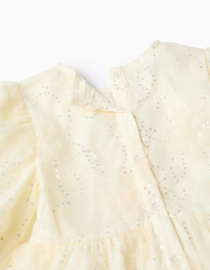 Dress with balloon sleeves and 3D flowers for girls, white