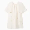 Dress with cape sleeves and floral appliqué for girls, light beige