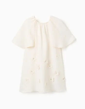 Dress with cape sleeves and floral appliqué for girls, light beige