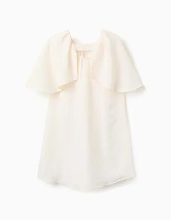 Dress with cape sleeves and floral appliqué for girls, light beige