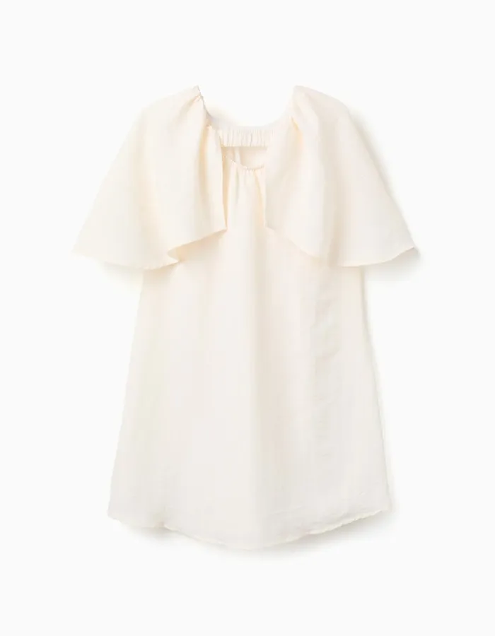 Dress with cape sleeves and floral appliqué for girls, light beige