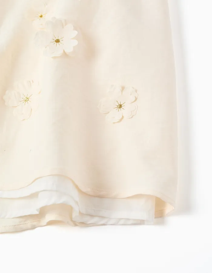 Dress with cape sleeves and floral appliqué for girls, light beige