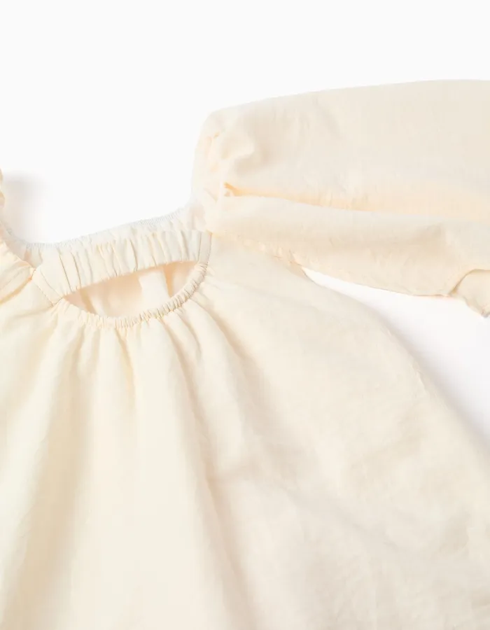 Dress with cape sleeves and floral appliqué for girls, light beige