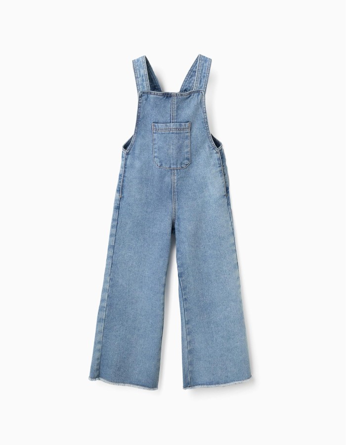 Wide leg denim dungarees with frayed hems for girls, light blue