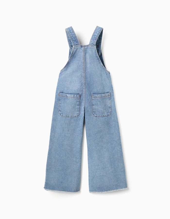 Wide leg denim dungarees with frayed hems for girls, light blue