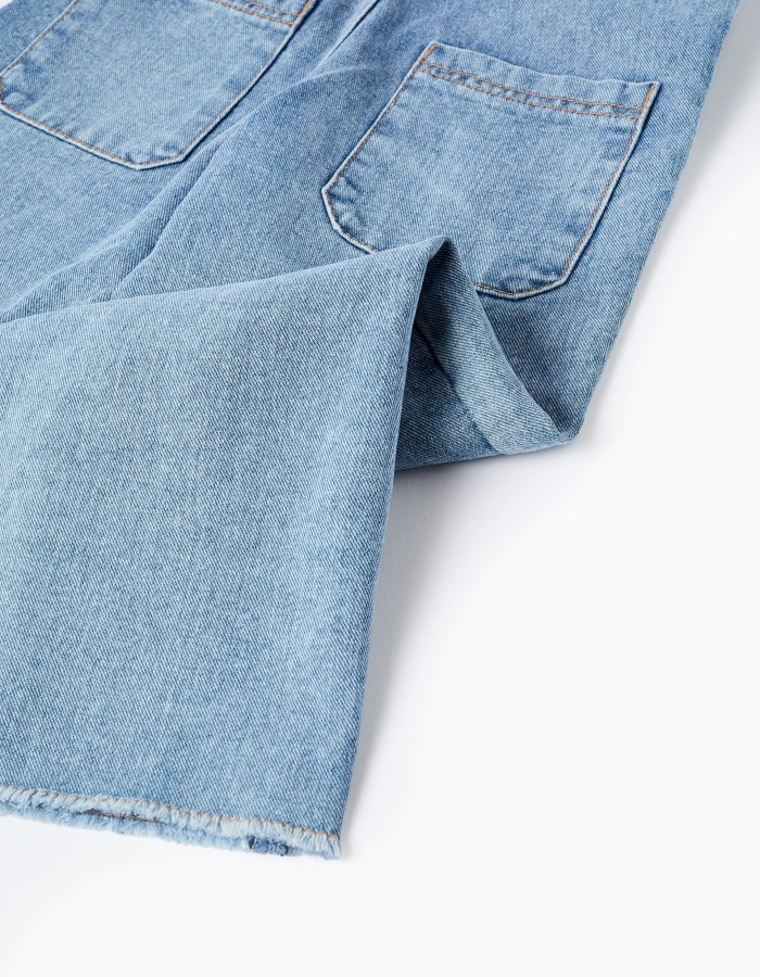 Wide leg denim dungarees with frayed hems for girls, light blue