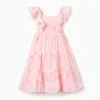 Cotton A-line dress with floral motif and ruffles for girls, pink