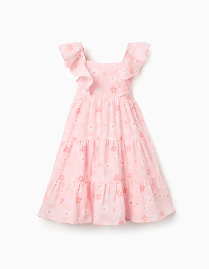 Cotton A-line dress with floral motif and ruffles for girls, pink