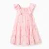 Cotton A-line dress with floral motif and ruffles for girls, pink