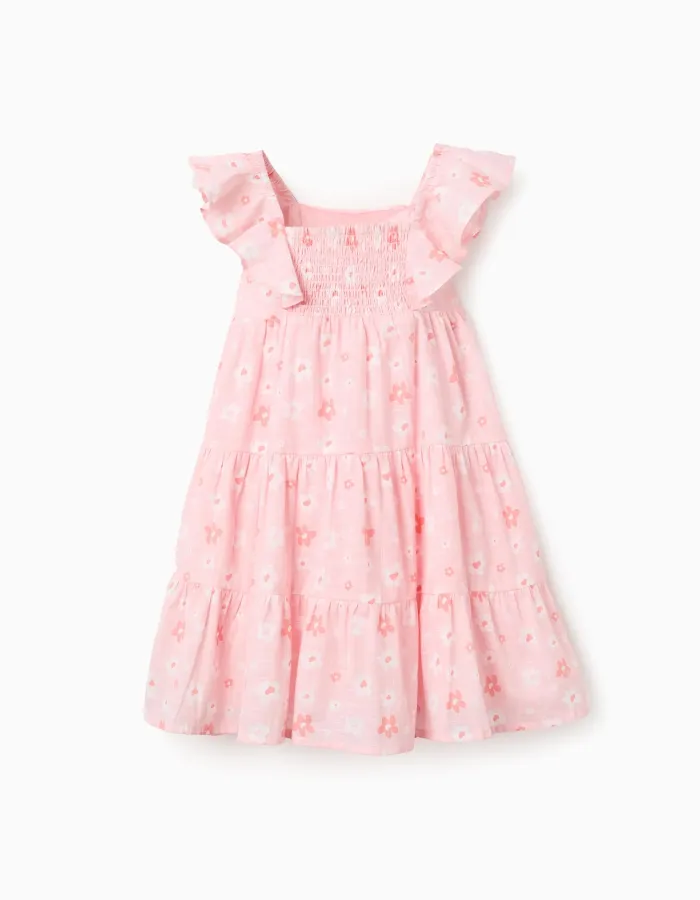 Cotton A-line dress with floral motif and ruffles for girls, pink
