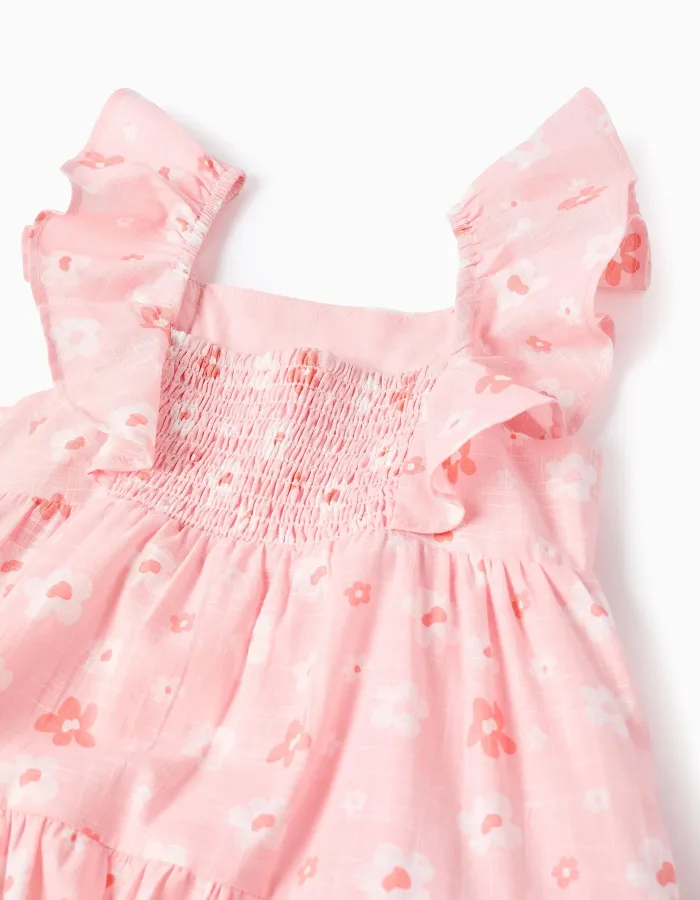 Cotton A-line dress with floral motif and ruffles for girls, pink