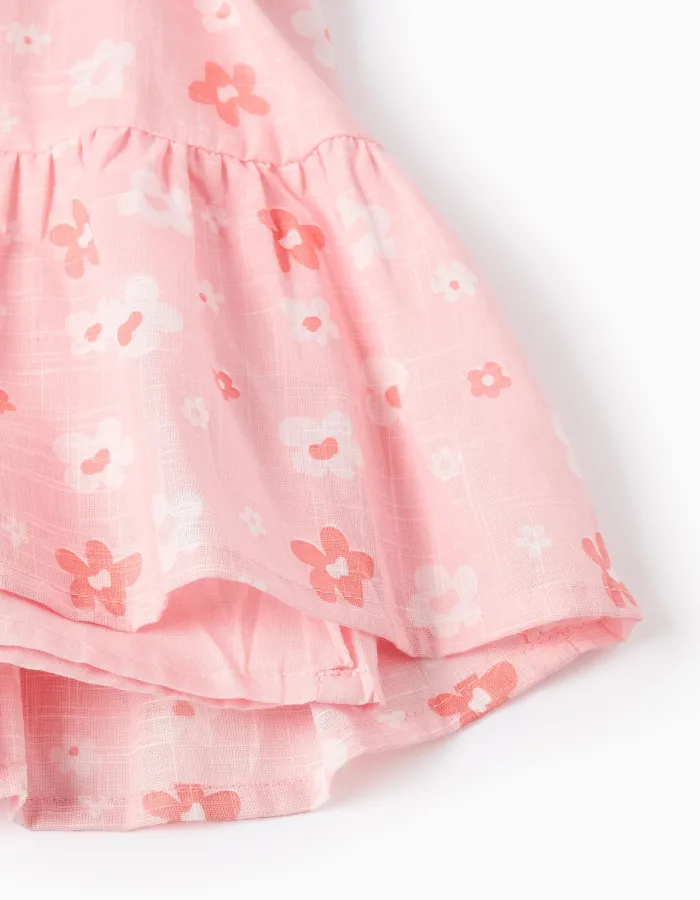 Cotton A-line dress with floral motif and ruffles for girls, pink