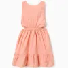 Cotton Swiss dot dress with cut-outs for girls, salmon orange