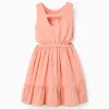 Cotton Swiss dot dress with cut-outs for girls, salmon orange