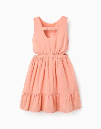 Cotton Swiss dot dress with cut-outs for girls, salmon orange