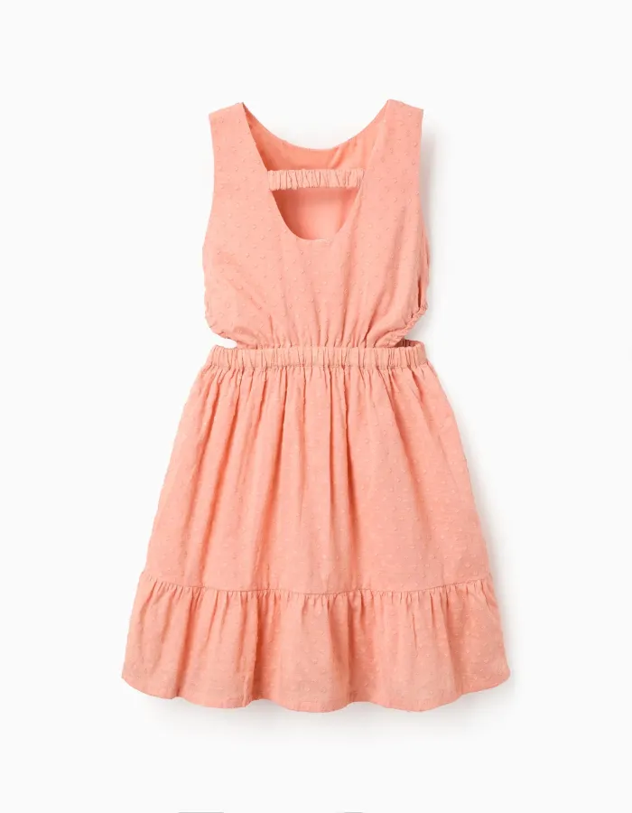 Cotton Swiss dot dress with cut-outs for girls, salmon orange